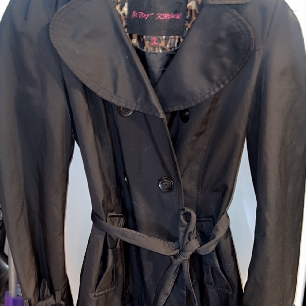 BETSEY JOHNSON Black Trench Coat Jacket Medium Fit Flare Lace Double Breasted